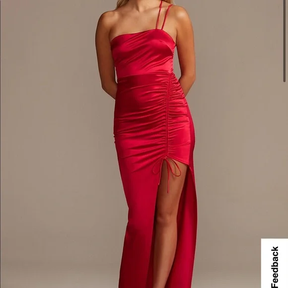 city triangles dress red City Triangles Dresses | Square Neck Ruched Satin Long Dress | Color: Red | Size: S